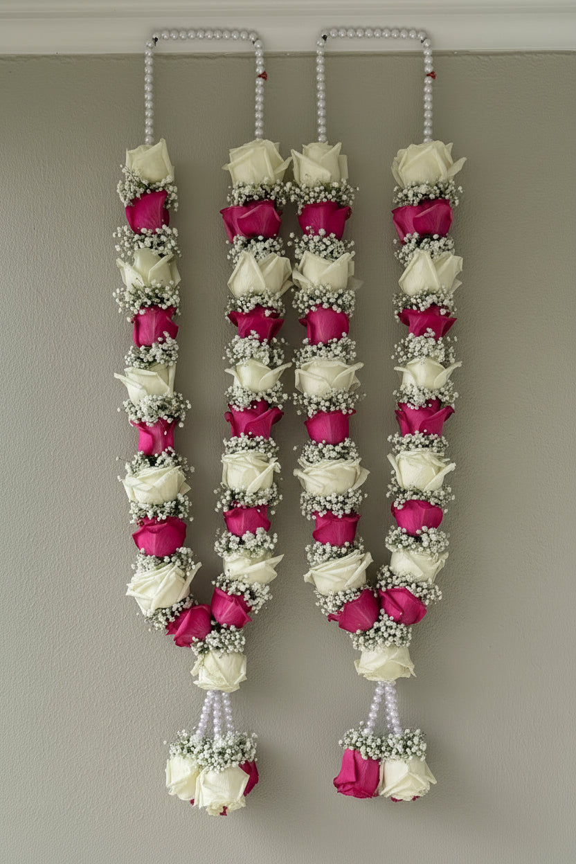 White Rose & Dark Pink Rose, White Gypsophila with pearls
