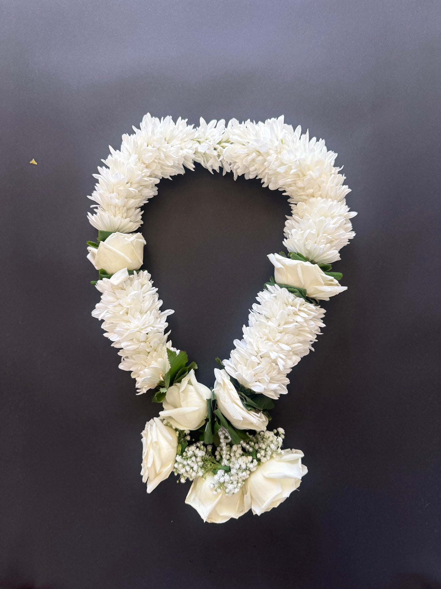 Garland for Shiva - White Chrysanthemum, white Rose, Gypsophila & Ruscus