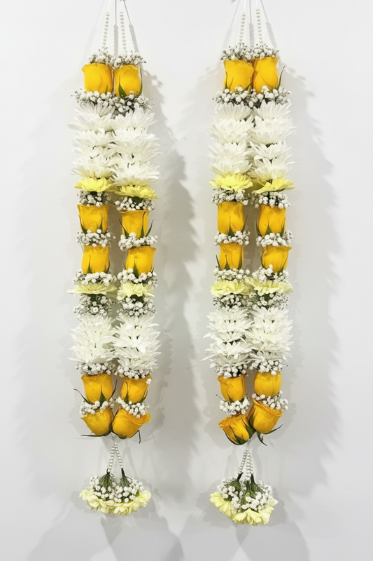 Yellow Roses, White Chrysanthemum and White Gypsophila with pearls garland