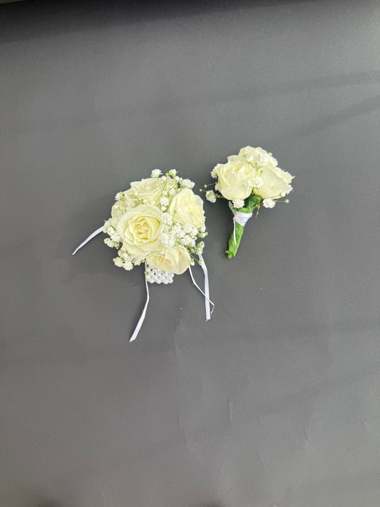 Corsage & Boutonnière Combo — White Roses & Baby’s Breath