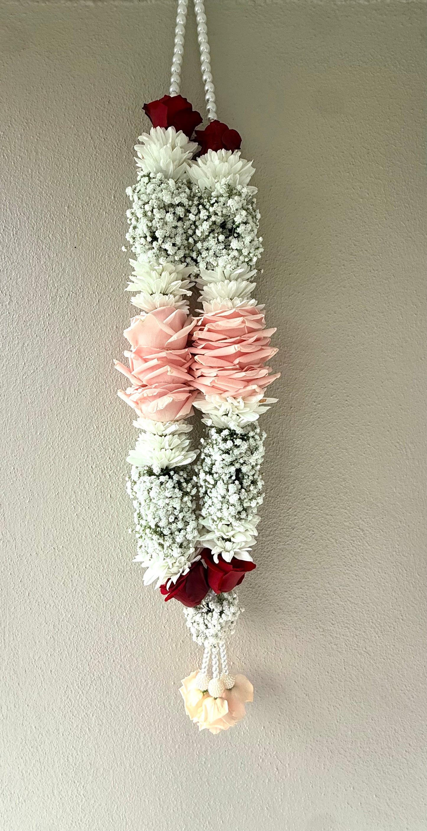 Pink & Red roses with White chrysanthemum, White gypsophila garland