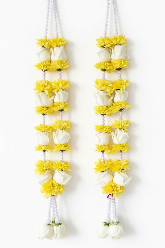 Sunshine Yellow Chrysanthemum, White Rose with pearls phool ki mala