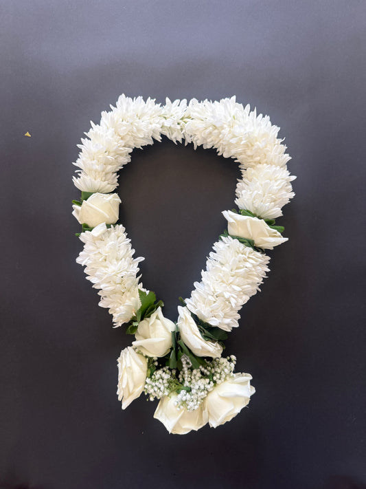 Garland for Shiva - White Chrysanthemum, white Rose, Gypsophila & Ruscus