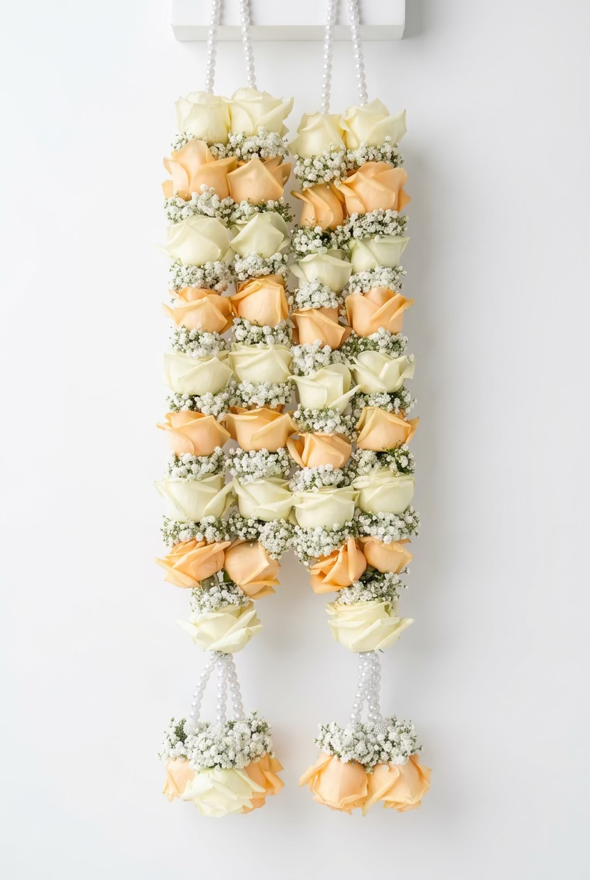Fresh White & Peach  Rose with White Gypsophila Varmala