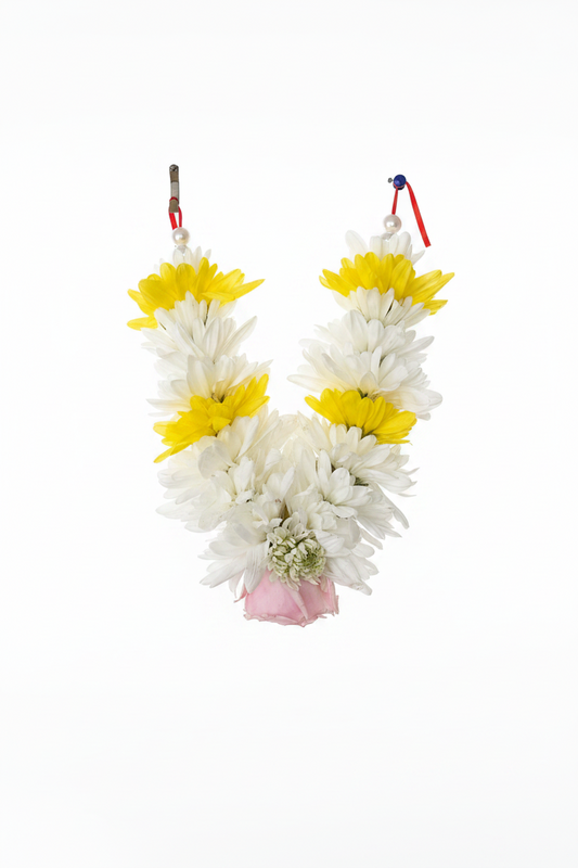 White & Yellow Chrysanthemum with Pink Rose phool ki mala
