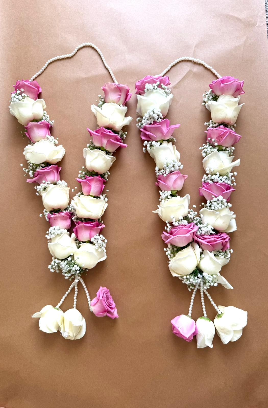 Hand-Tied Wedding Garland/Jaimala: White & Pink Roses with Gypsophila