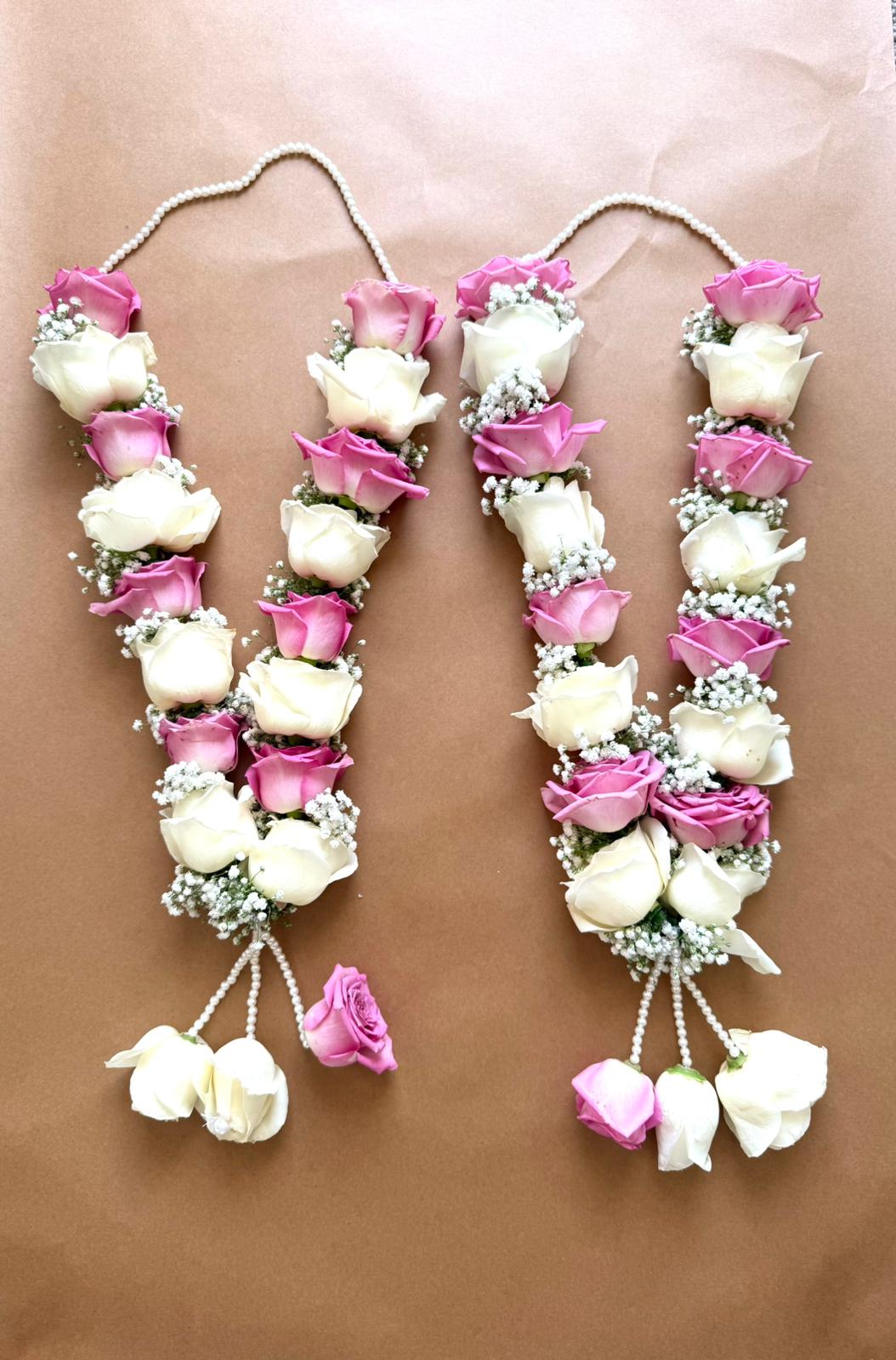 Hand-Tied Wedding Garland/Jaimala: White & Pink Roses with Gypsophila