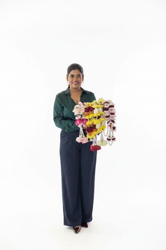Sunshine Yellow Chrysanthemum, White Rose with pearls phool ki mala